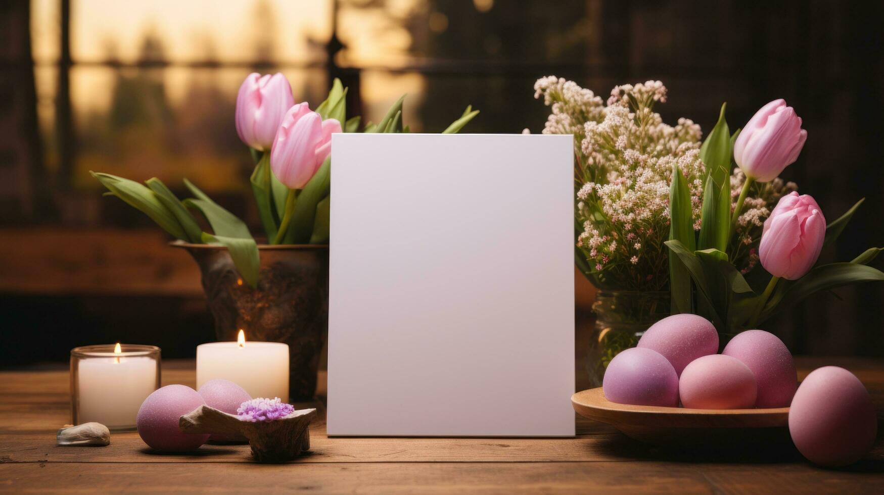 AI generated White greeting card with blank front, realistic on a mockup template in a wooden table in a easter luxuty background in home inside, photo