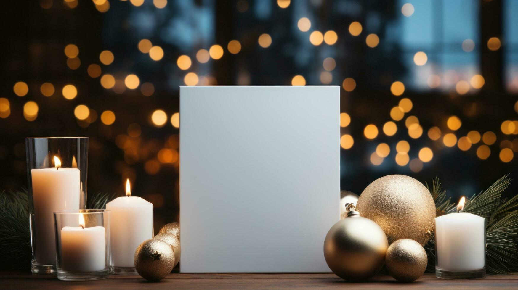 AI generated White greeting card with blank front, realistic on a mockup template in a wooden table in a christmas luxuty background in home inside, photo