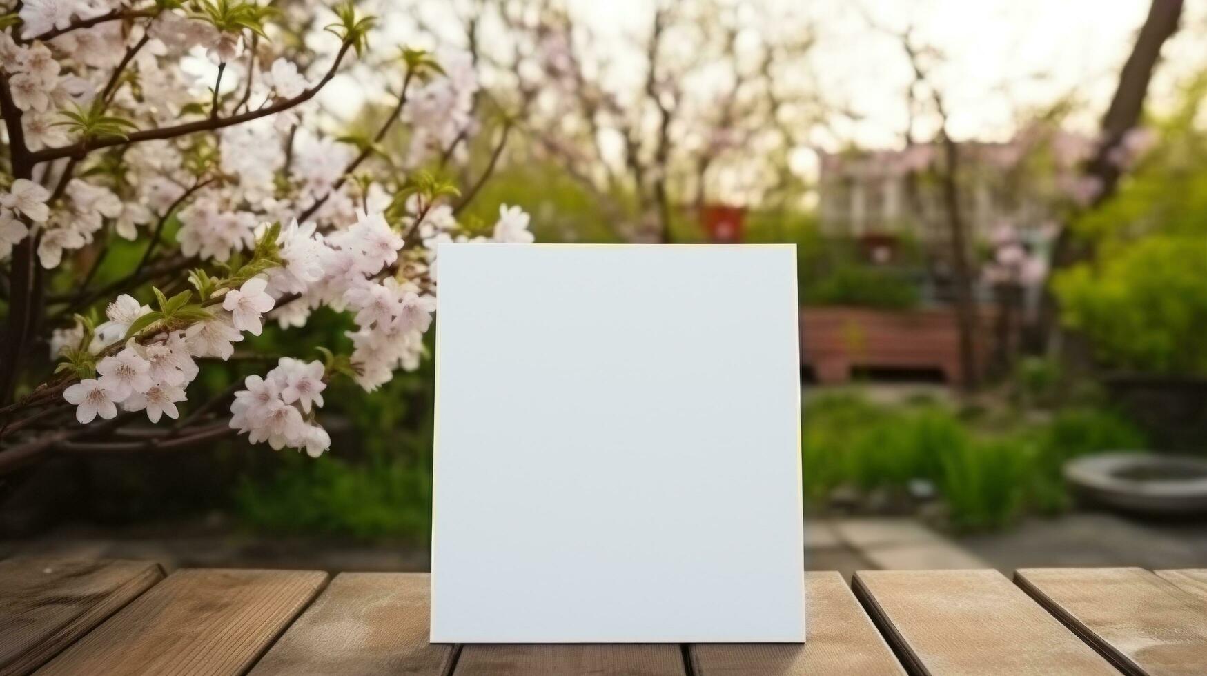 AI generated White greeting card with blank front, realistic on a mockup template in a wooden table in a christmas luxuty background in home inside, photo