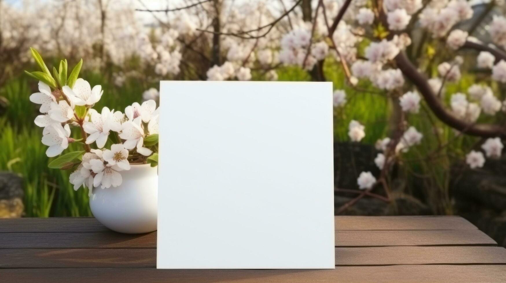 AI generated White greeting card with blank front, realistic on a mockup template in a wooden table in a easter luxuty background in home inside, photo