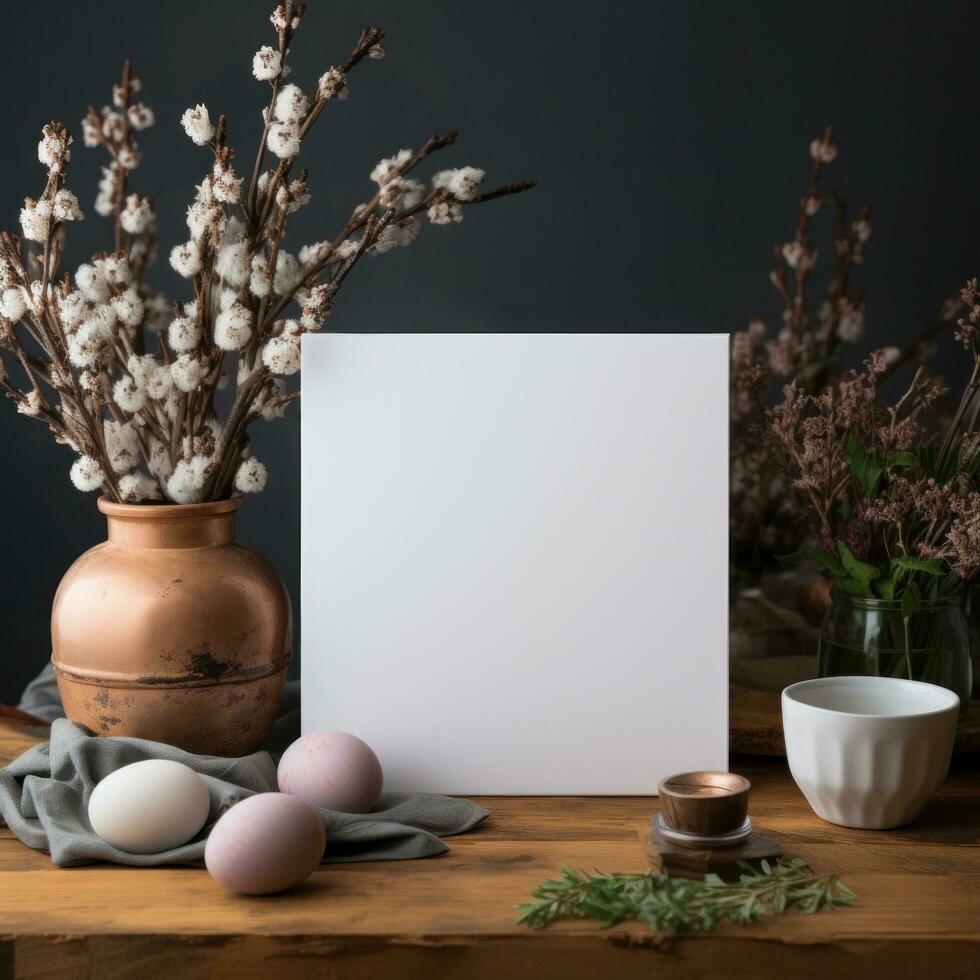 AI generated White square greeting card with blank front, realistic on a mockup template in a wooden table in a easter luxuty background in home inside, photo