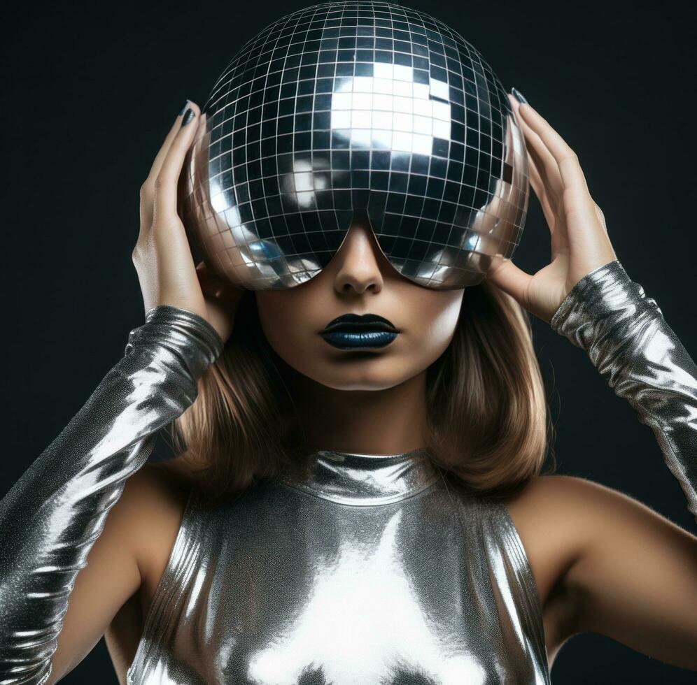 ai generado mujer en disco pelota disfraz vistiendo un disco atuendo, foto