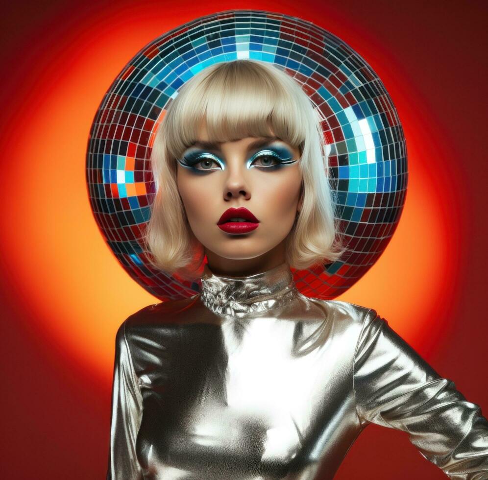 AI generated woman in disco ball costume wearing a disco outfit, photo