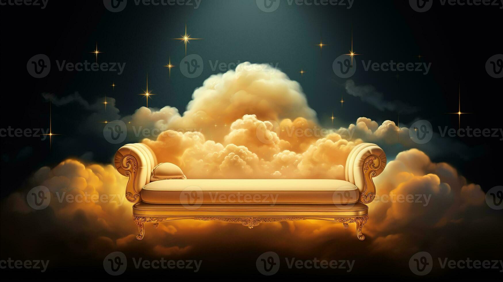 AI generated Generative AI, Golden and white fantastic 3d clouds with sofa in the sky. Gentle colors and with bright lights. photo
