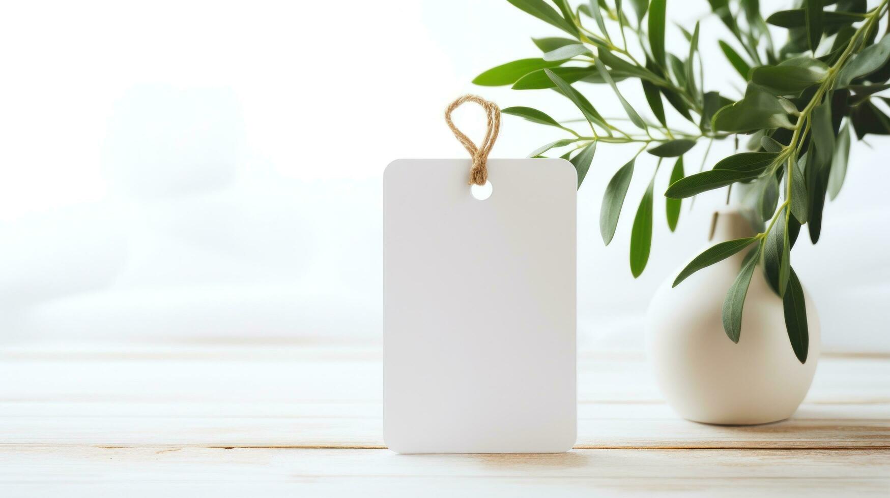 AI generated white blank tag with blank front realistic on a mockup template in a white wooden table with olive leaf branch photo