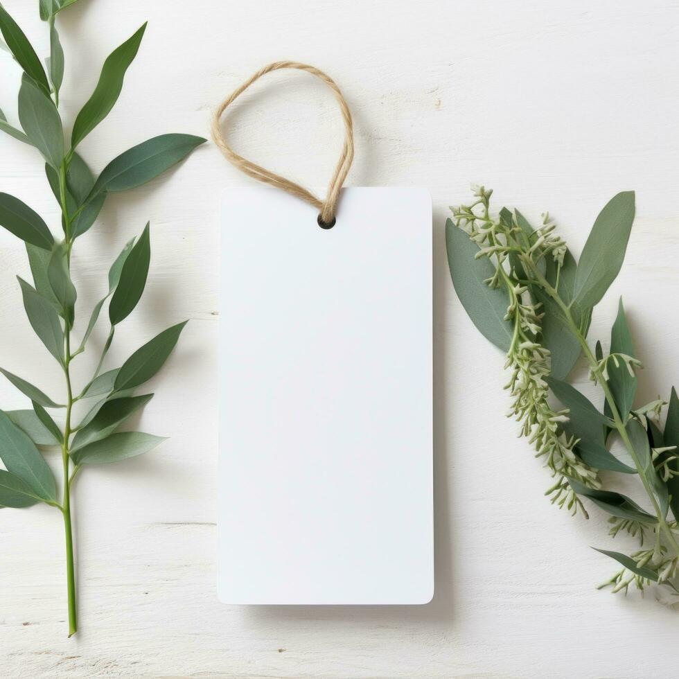 AI generated white blank tag with blank front realistic on a mockup template in a white wooden table with olive leaf branch photo