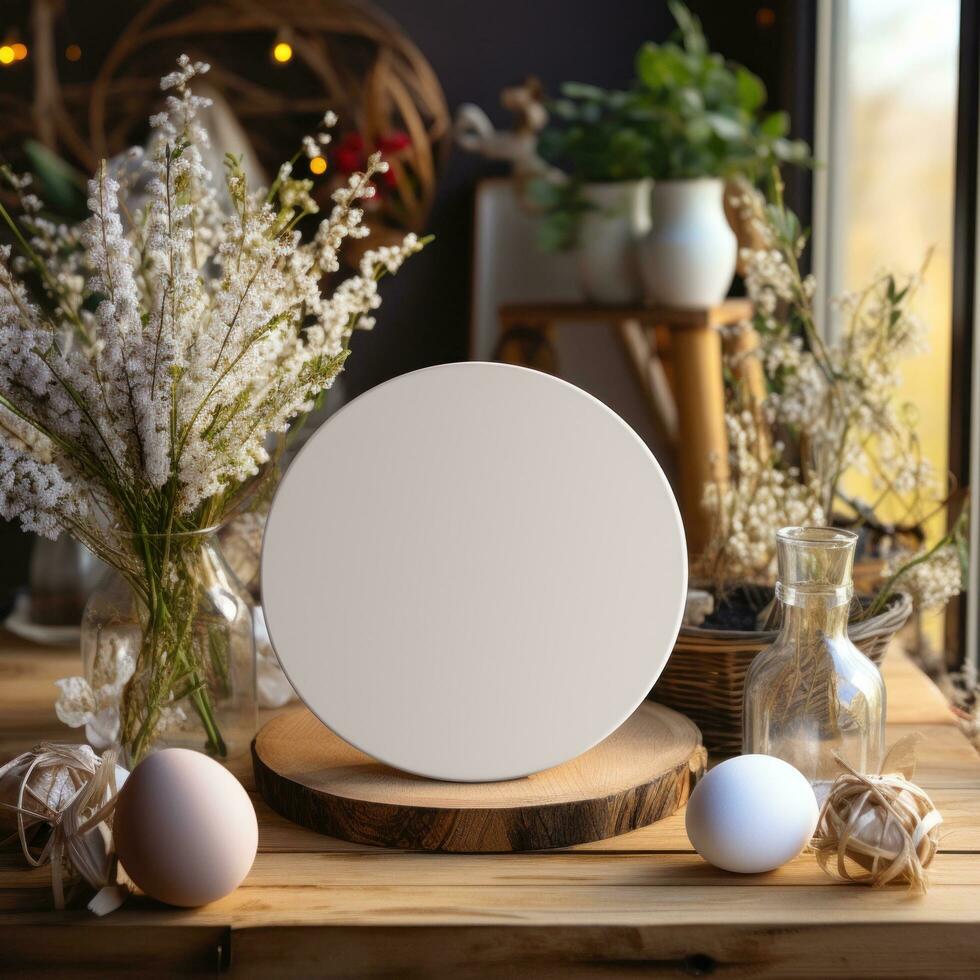AI generated White circle greeting card with blank front, realistic on a mockup template in a wooden table in a easter luxuty background in home inside, photo