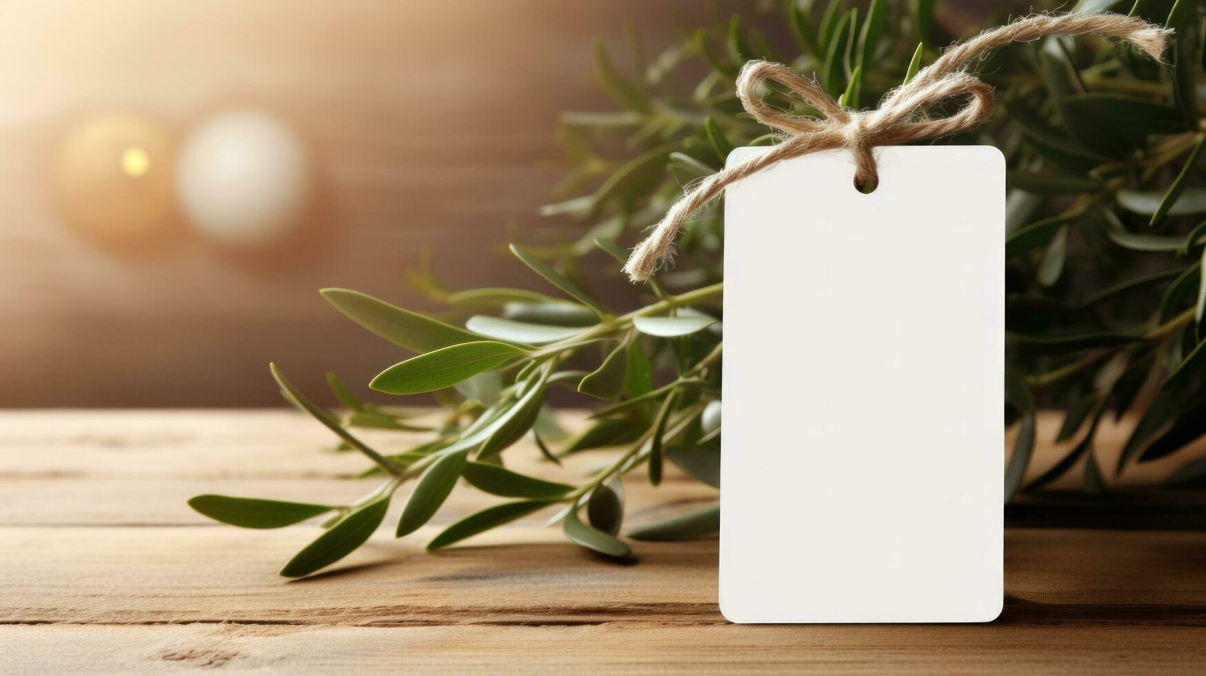 AI generated white blank tag with blank front realistic on a mockup template in a wooden table with olive leaf branch photo