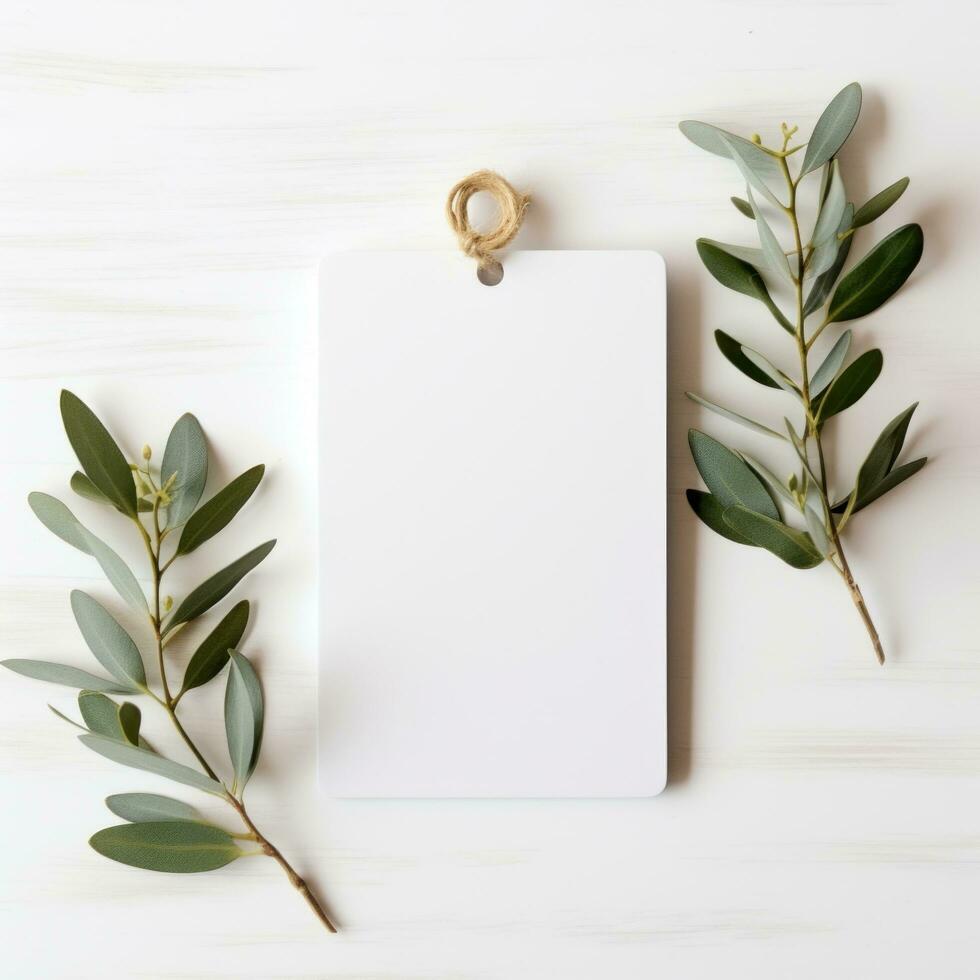 AI generated white blank tag with blank front realistic on a mockup template in a white wooden table with olive leaf branch photo