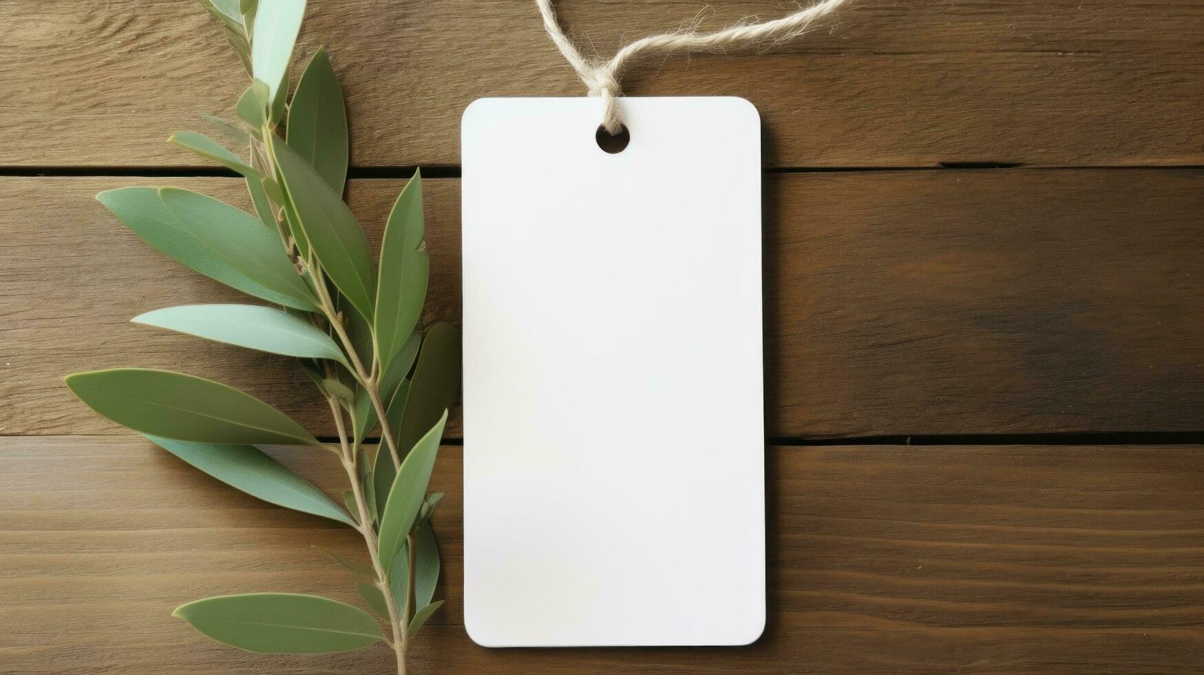 AI generated white blank tag with blank front realistic on a mockup template in a wooden table with olive leaf branch photo