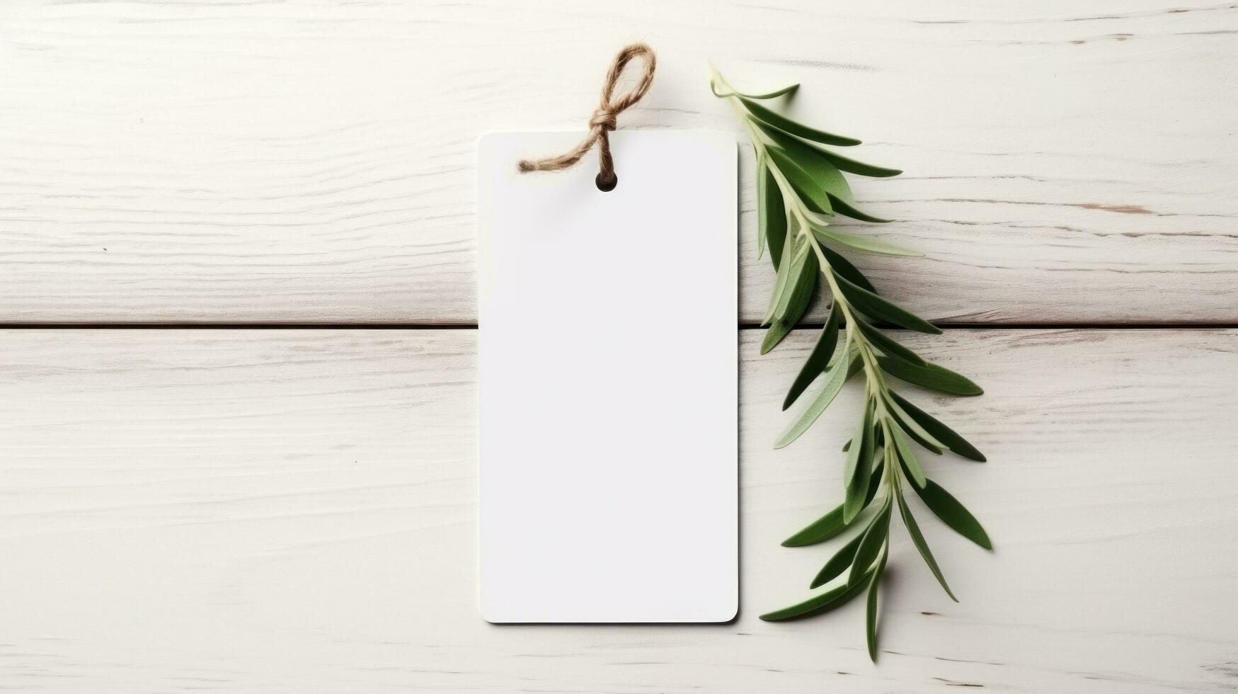 AI generated white blank tag with blank front realistic on a mockup template in a white wooden table with olive leaf branch photo