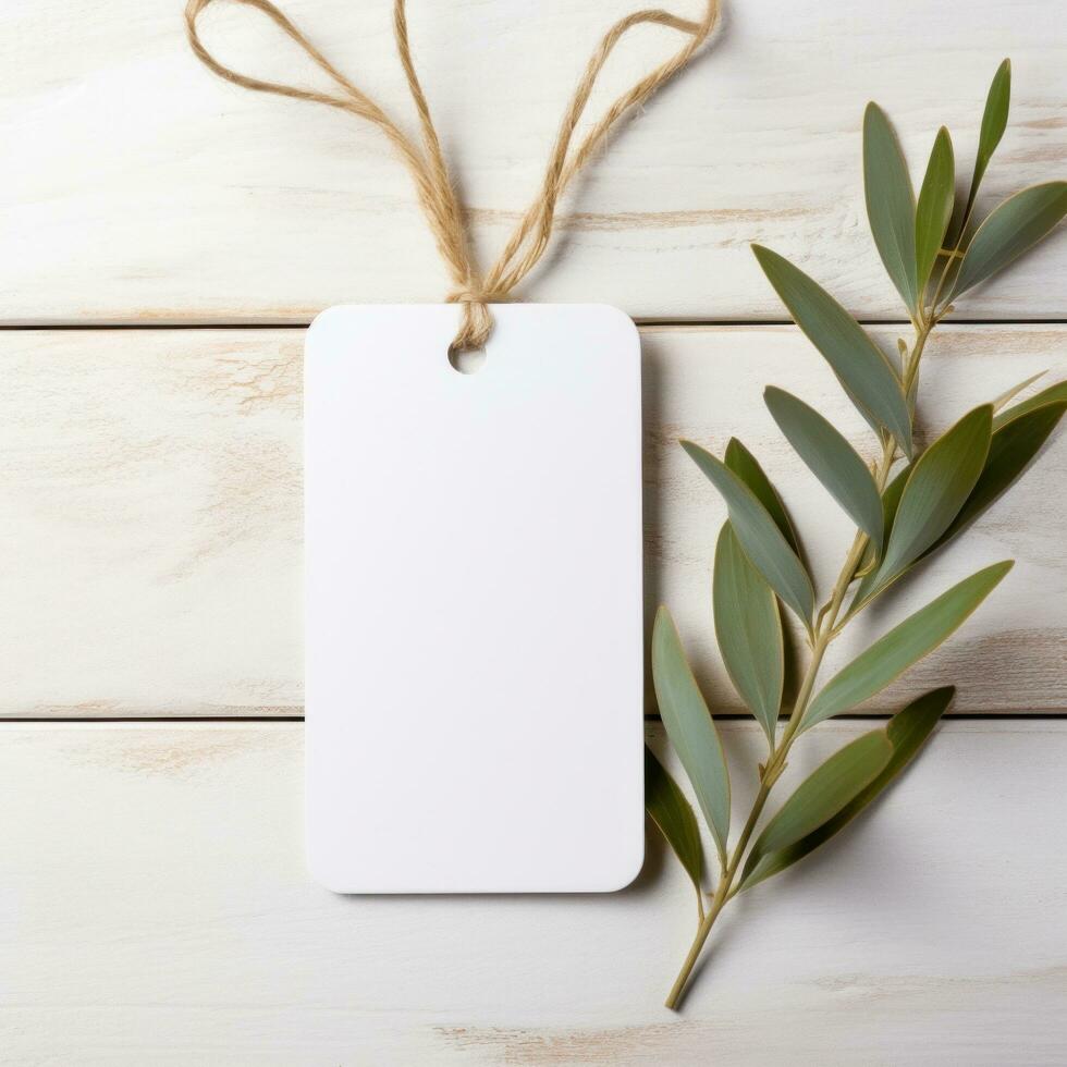 AI generated white blank tag with blank front realistic on a mockup template in a white wooden table with olive leaf branch photo