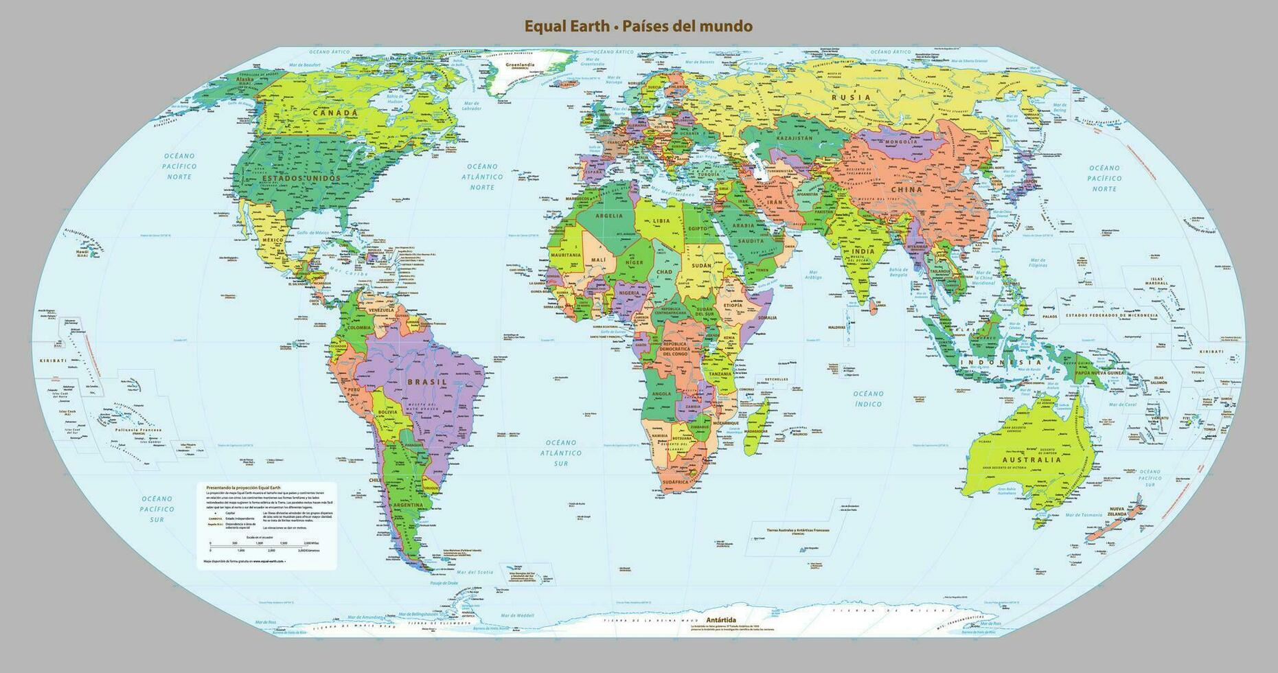 Spanish language Political map of the world Equal earth projection vector