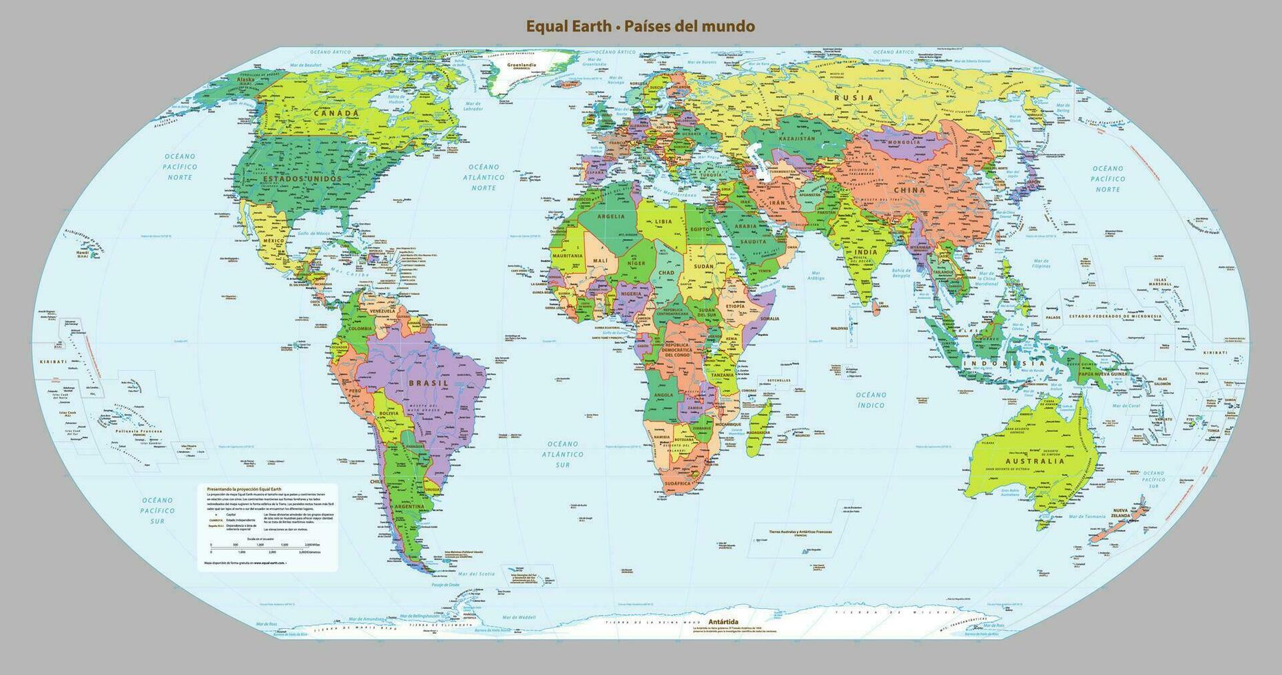 Español idioma político mapa de el mundo igual tierra proyección vector