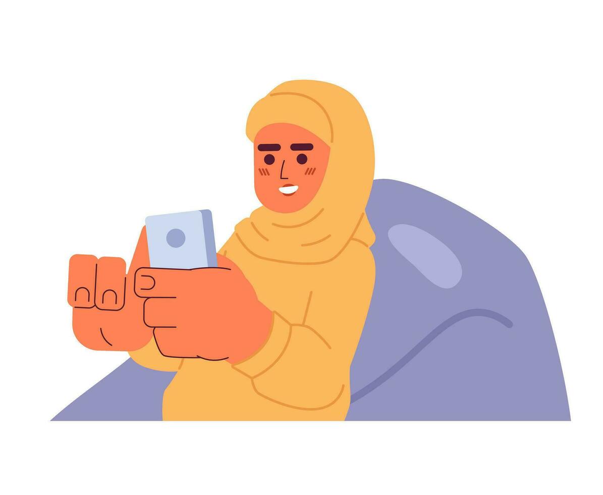 Relaxing hijab girl on beanbag chair 2D cartoon character. Mobile phone using muslim young adult female isolated vector person white background. Leisure time rest color flat spot illustration