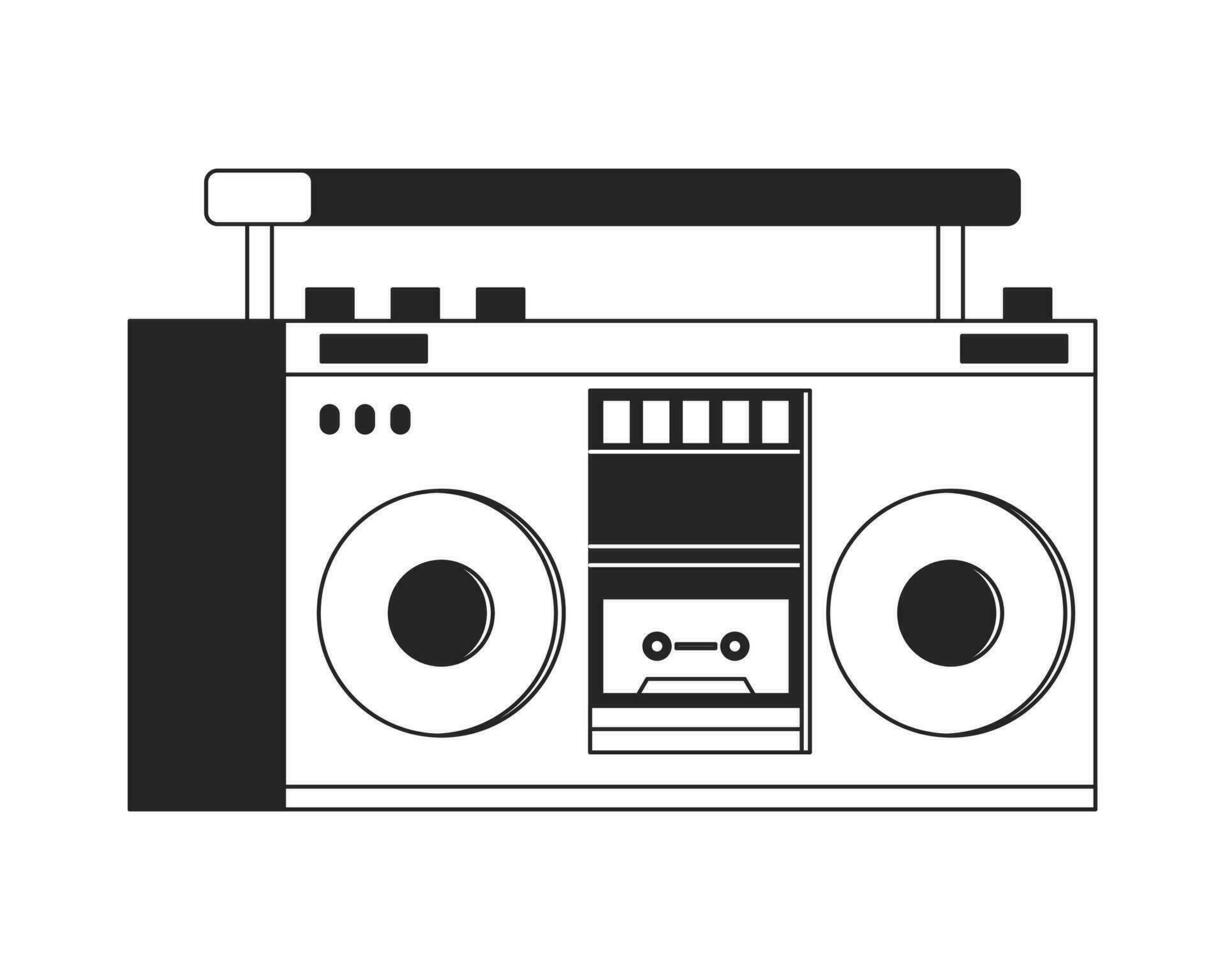 1980 casete boombox negro y blanco 2d línea dibujos animados objeto. cinta audio electrónica aislado vector contorno artículo. música equipo. Años 80 auge caja entretenimiento monocromo plano Mancha ilustración