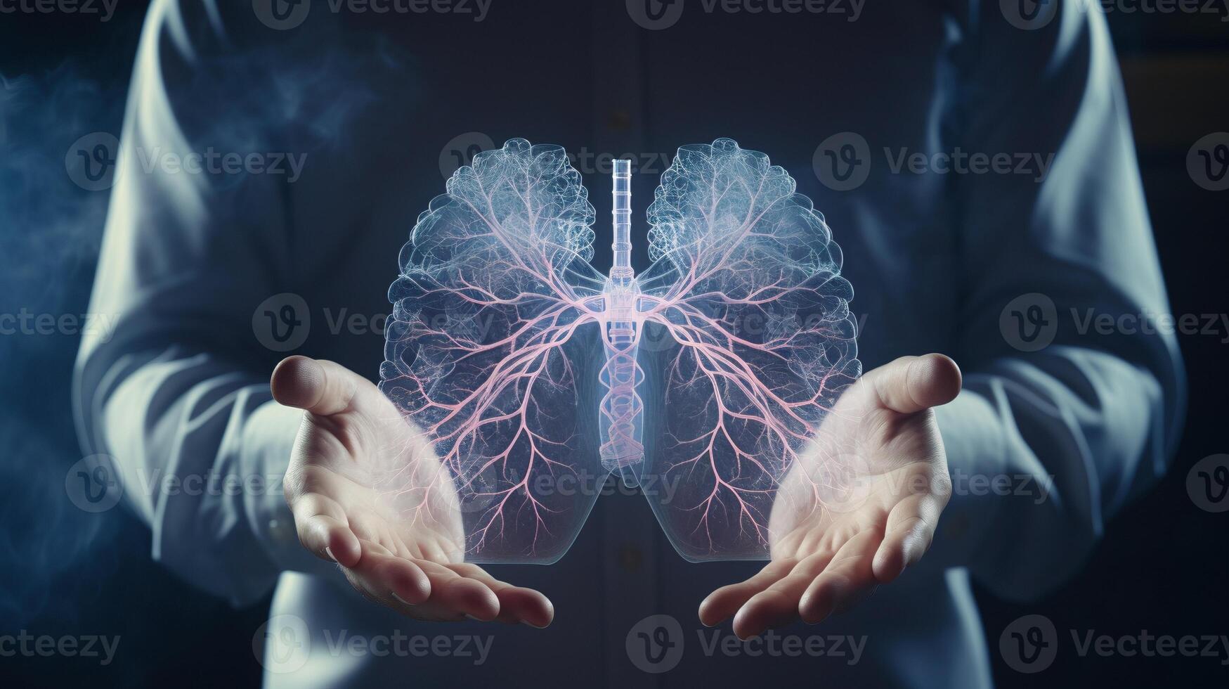 respiratorio 3d Organo holograma retenida por masculino médico ai generado biotecnología de cerca imagen foto