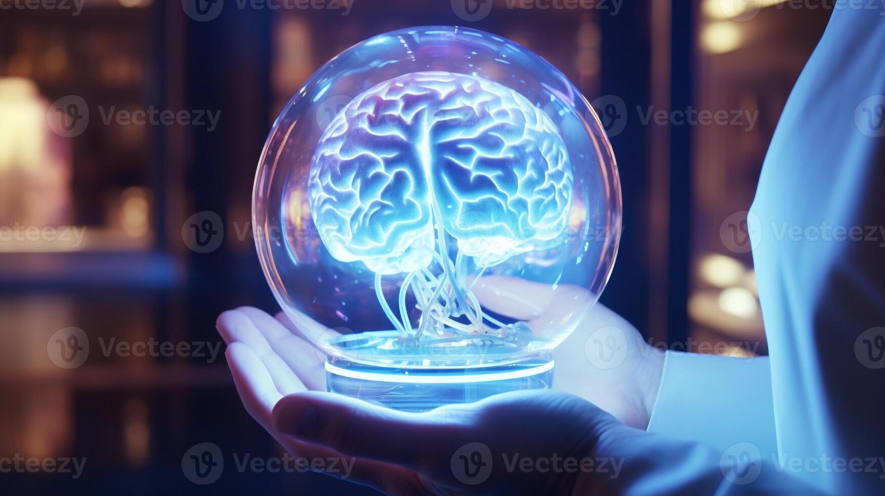 AI generated Digital human brain glass globe ai generated biotechnology close-up image photo