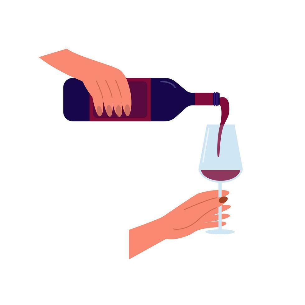 Vector hand pours a glass of red wine flat illustration. Wine tasting vector illustration