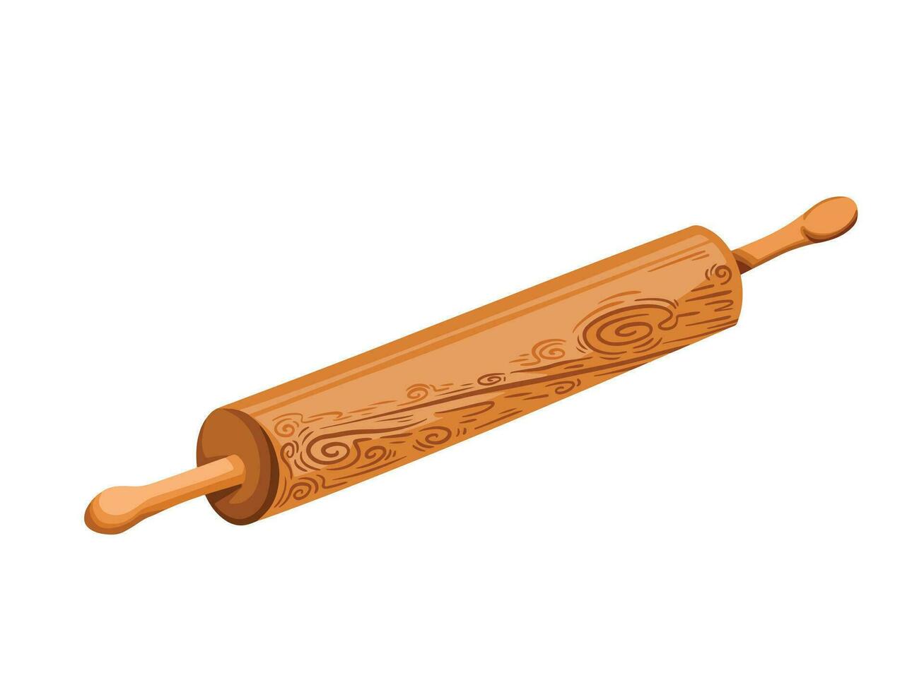 Wooden rolling pin baking equipment vector illustration isolated on horizontal white background. Kitchen utensil for kneading and flatten dough. Simple flat cartoon art styled drawing.