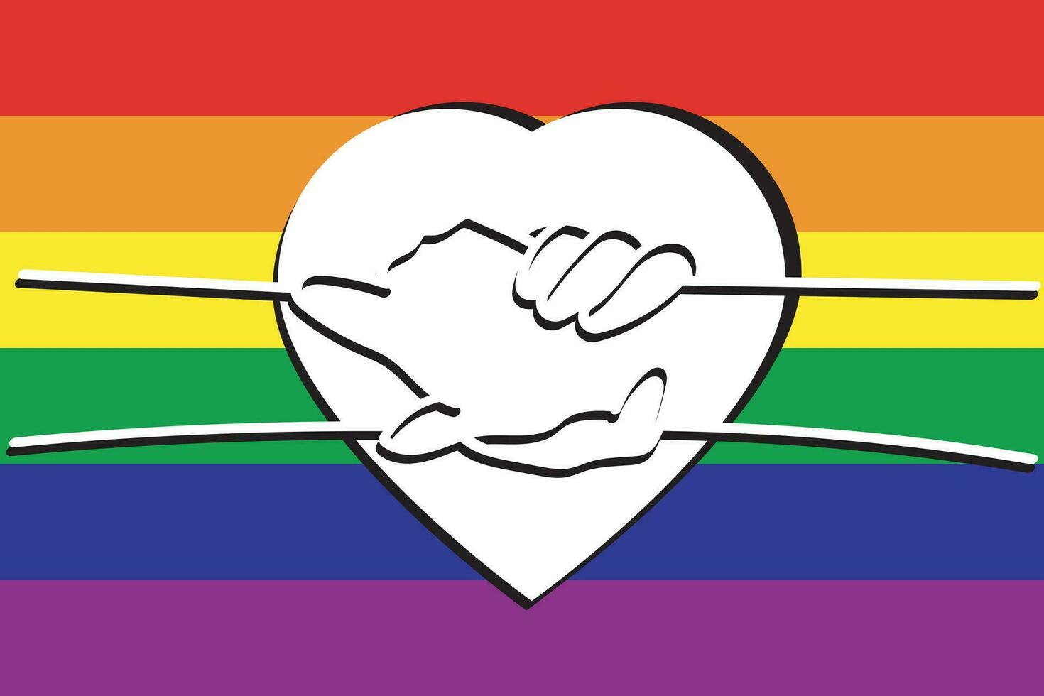 Illustration, White line of shake hands with white heart on lgbtq color background. vector