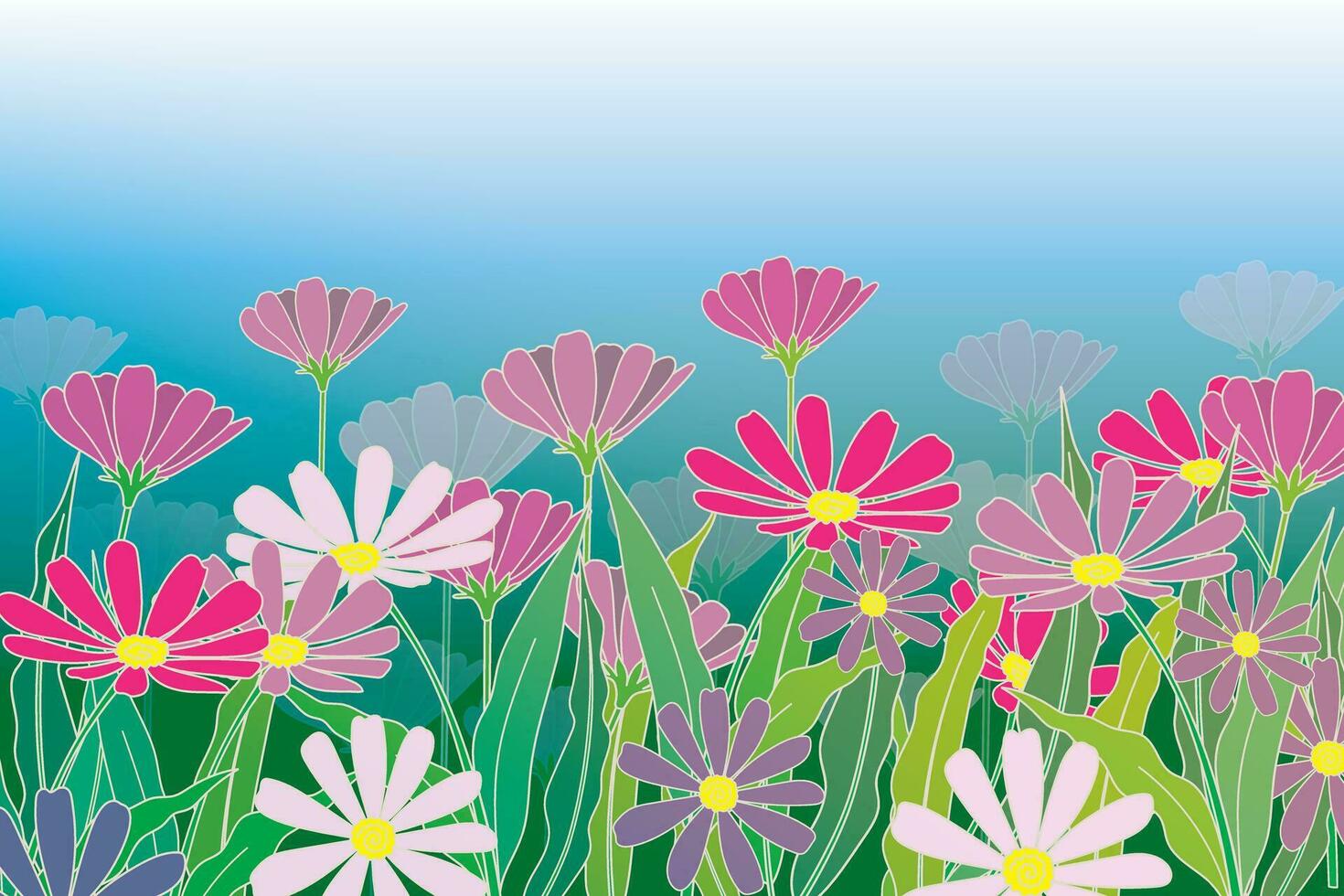 ilustración de rosado flor con hojas en azul y verde degradado antecedentes. vector