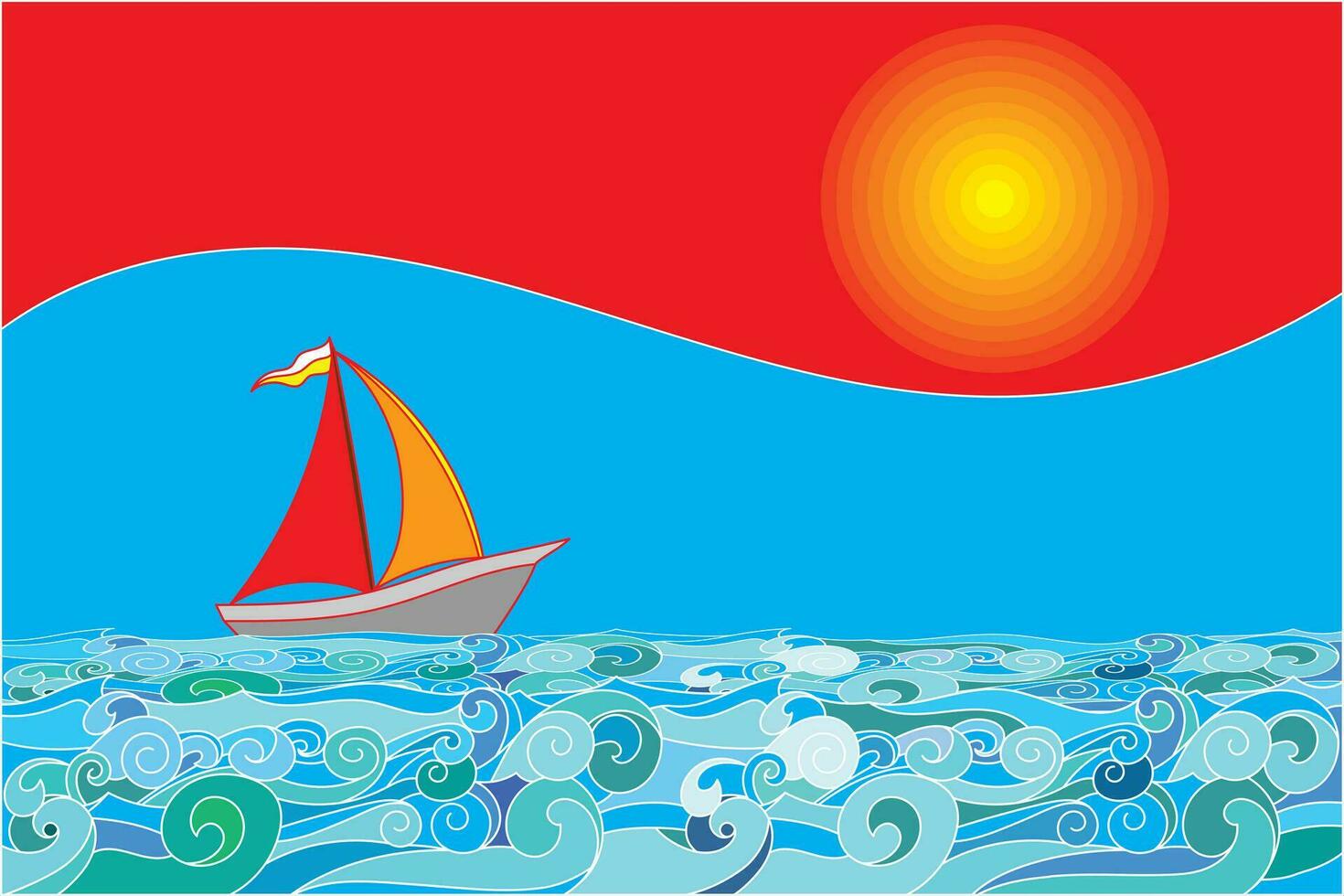 Illustration seascape, Abstract boat on the sea with big sun on red and blue background. vector