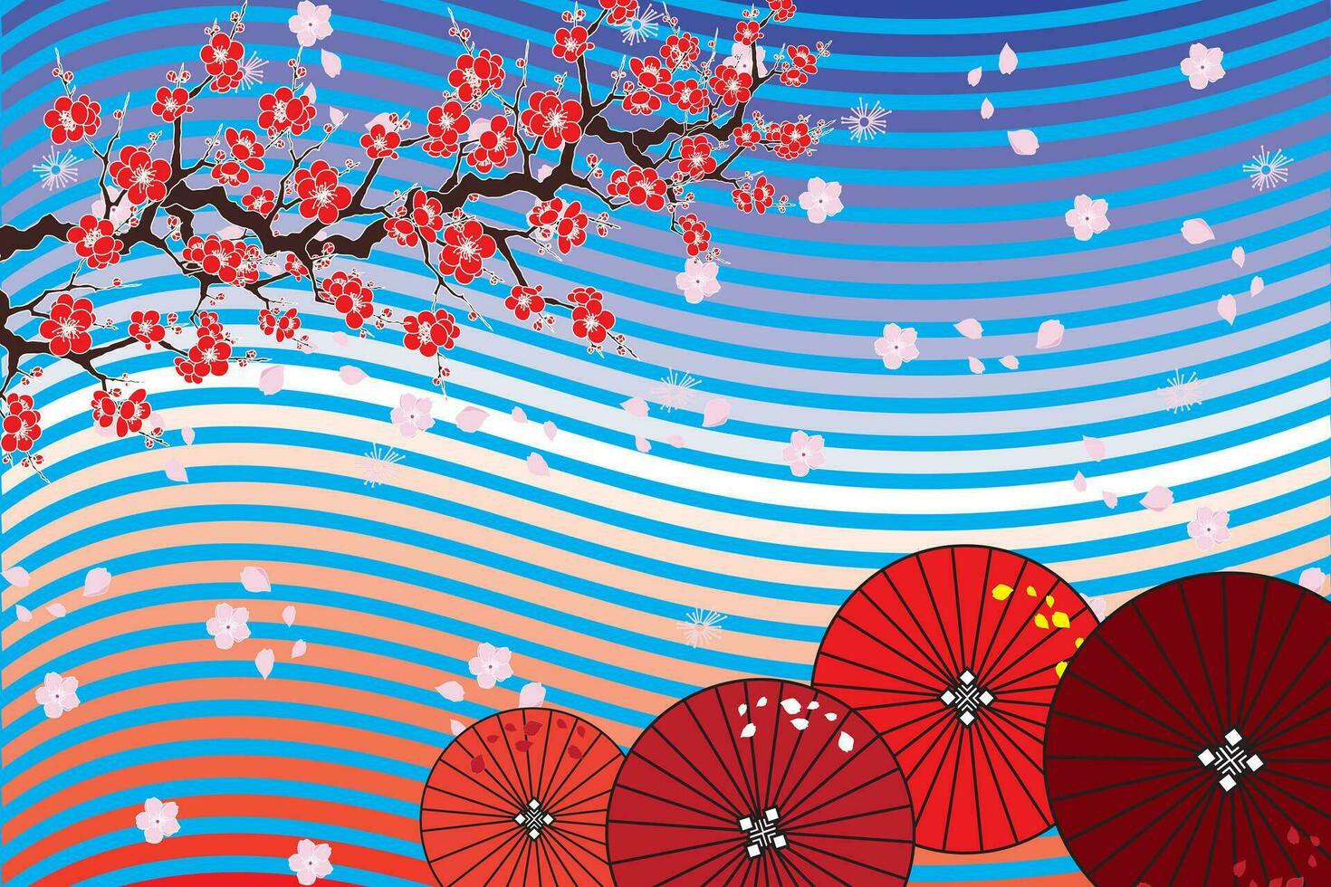 Red cherry blossoms on branch and umbrellas on a blue line background with scattered flowers. vector