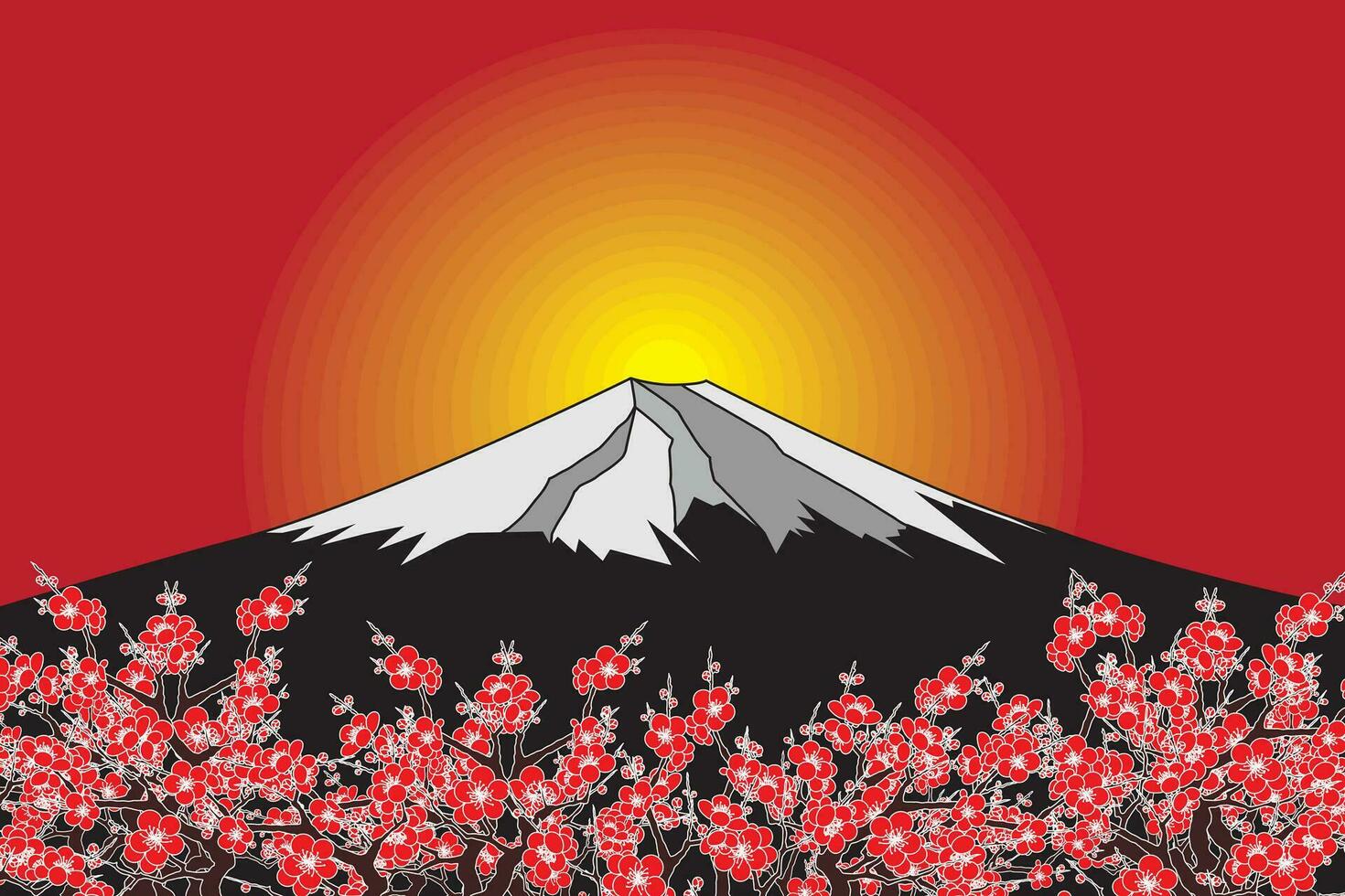 Illustration of the sunrise on black fuji mountain and cherry blossoms flower. vector