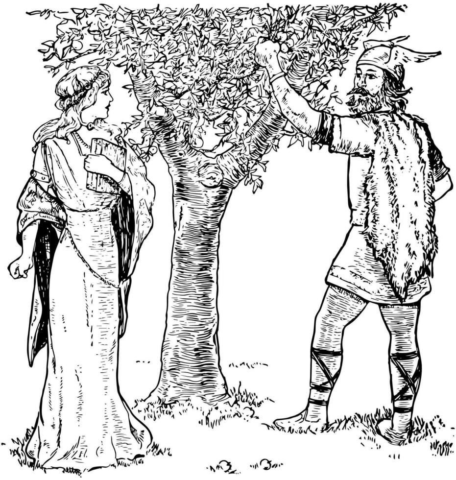 Loki Shows Idun a Crabapple Tree vintage illustration. vector