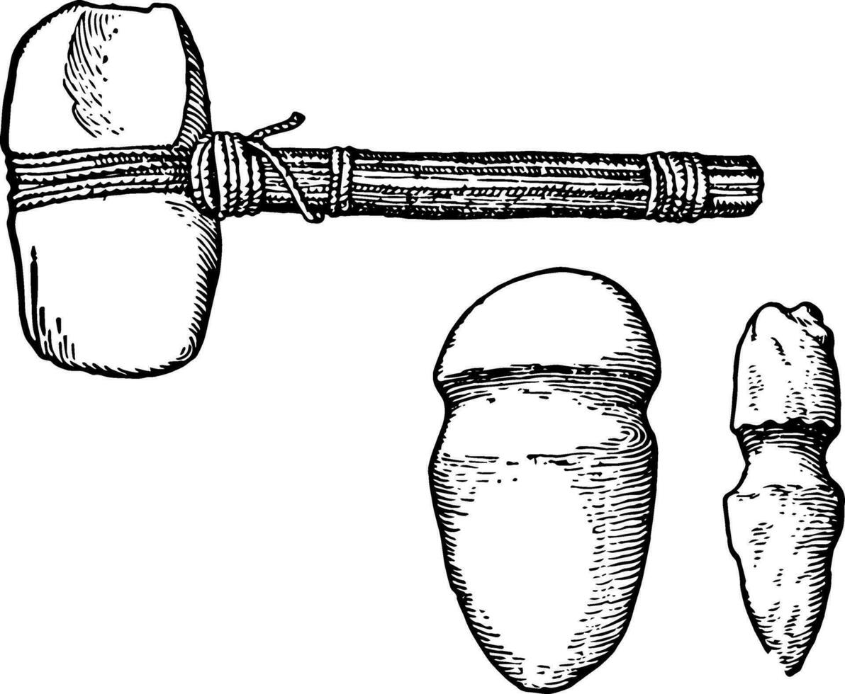 Neolithic Implements Stone Mallets, vintage illustration. vector