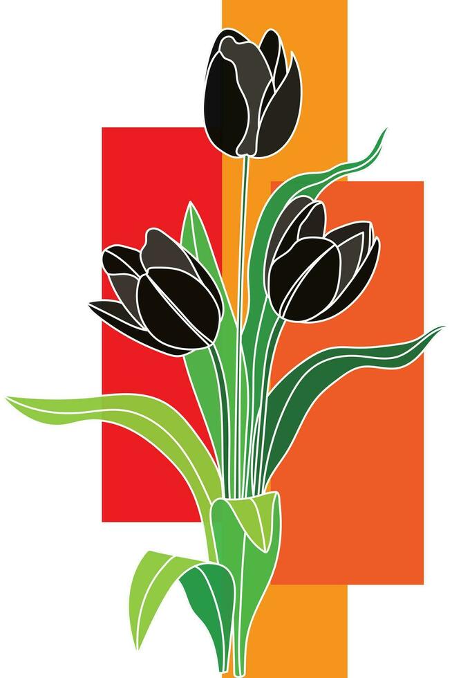 Illustration of Black tulips flower witj leaf on color square background. vector