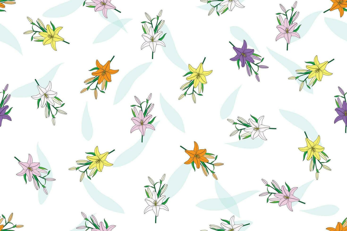 Illustration pattern of lily flower bouquet with leaves on white background. vector