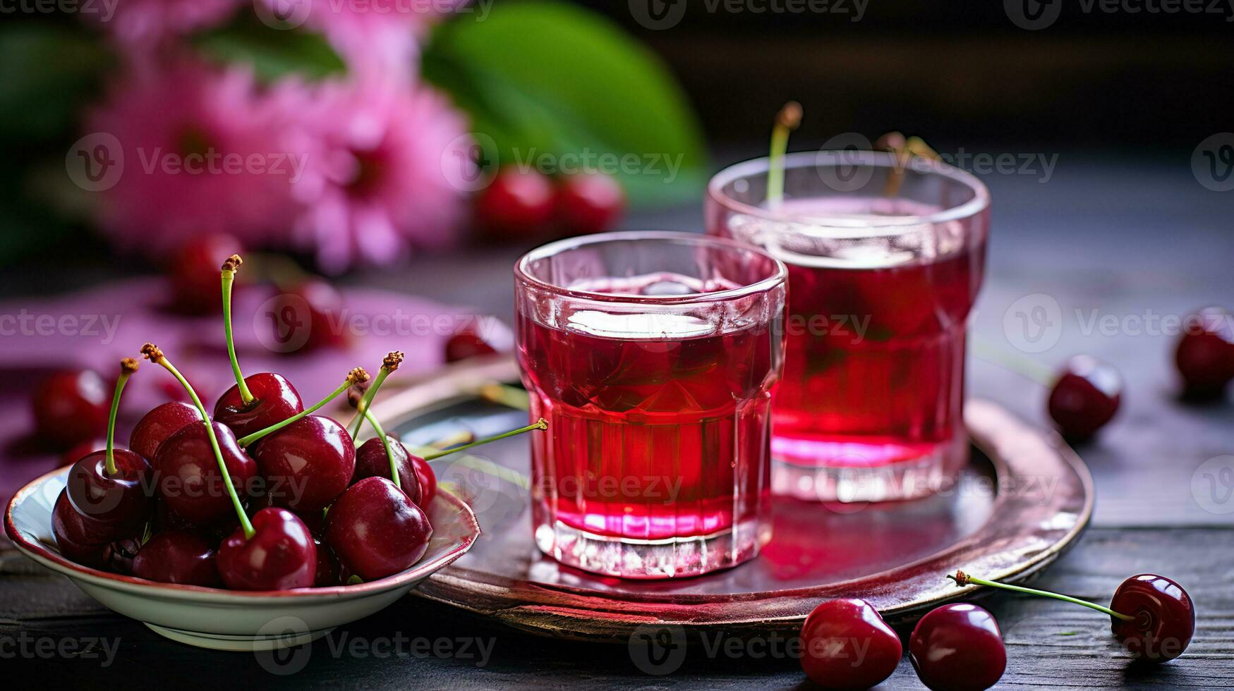 AI generated Homemade cherry drink. Two cups of cherry compote on a wooden table. Appetizing ripe cherries. photo