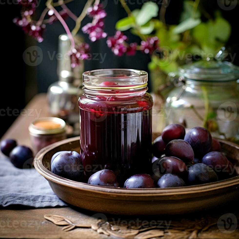 AI generated Homemade plum jam rustic style life style. Plum jam in a glass jar on a wooden background. Selective focus. Still life. photo