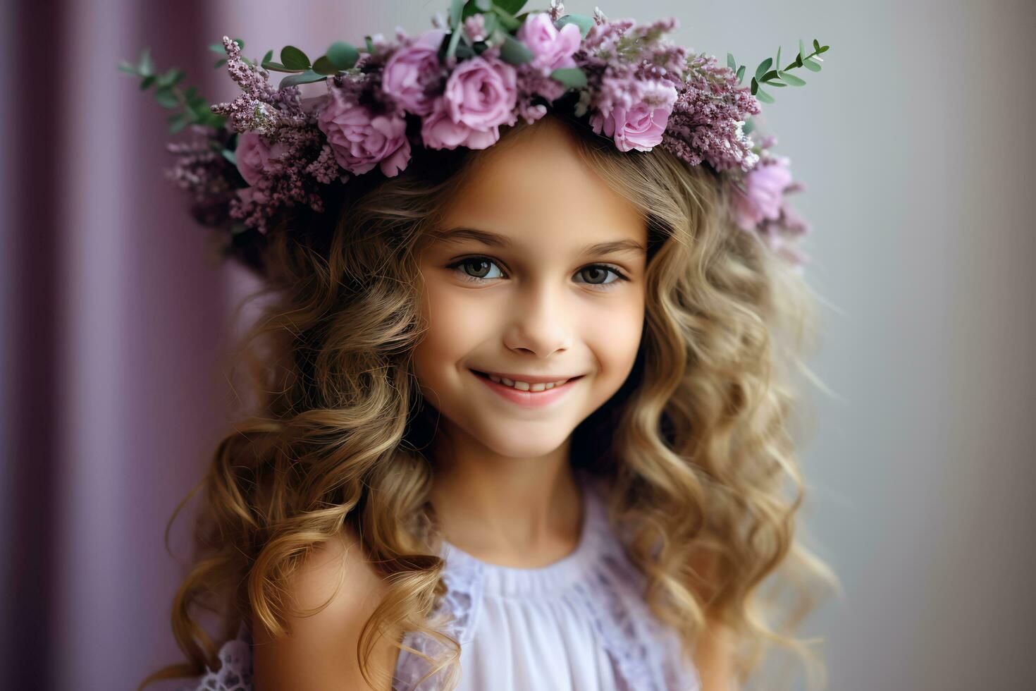 AI generated Petals and Lilac Dreams Flower Girl Radiance in Floral Crown photo