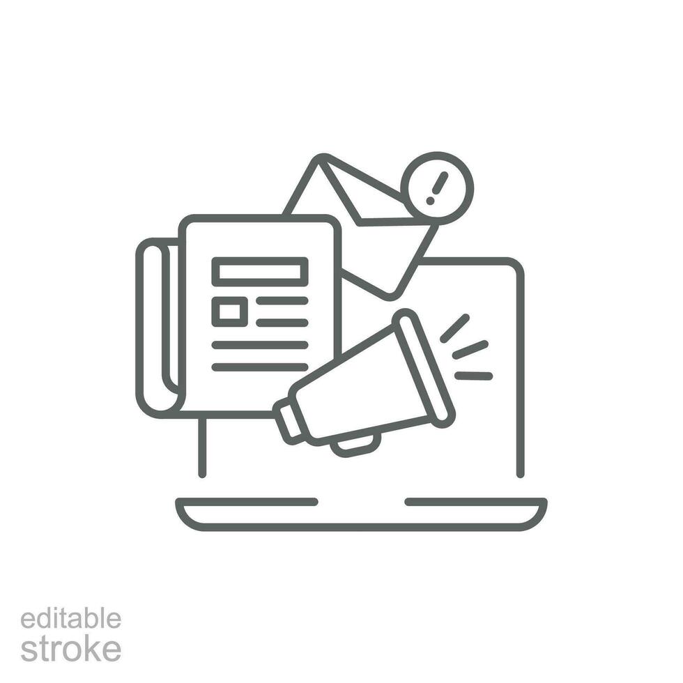 News content icon. Simple outline style. Media announce, newsletter update, digital press, coverage, laptop with megaphone concept. Thin line symbol. Vector illustration isolated. Editable stroke.