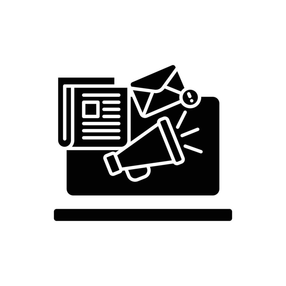 News content icon. Simple solid style. Media announce, newsletter update, digital press, coverage, laptop with megaphone concept. Black silhouette, glyph symbol. Vector illustration isolated.