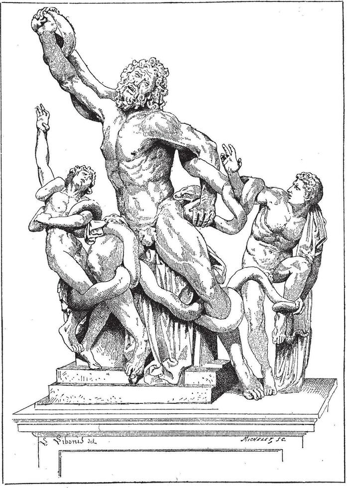 Laocoon and his sons, vintage engraving. vector