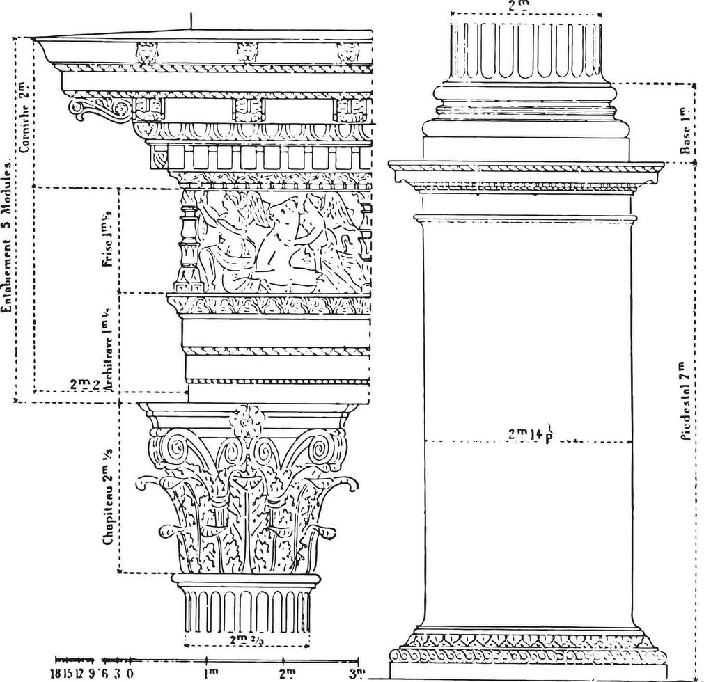 Corinthian order, vintage engraving. vector