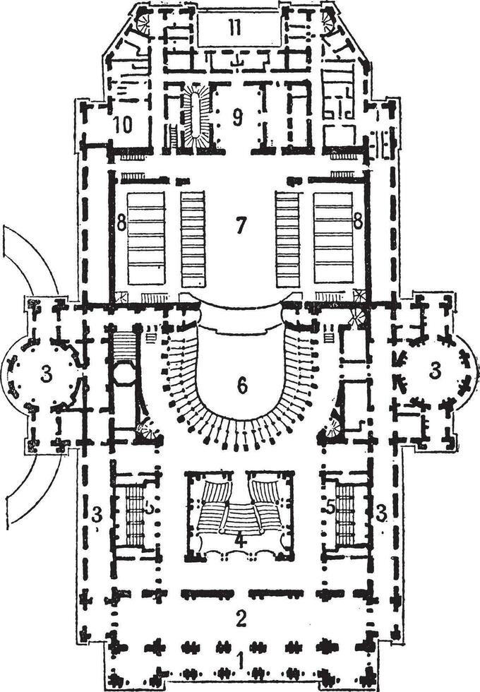 plan de teatro de ópera, París, Clásico grabado. vector