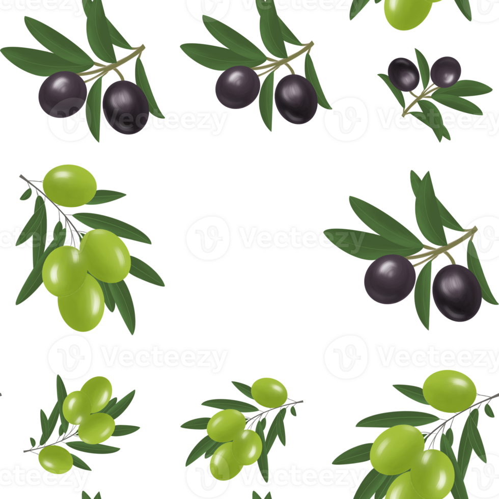 Beautiful illustration pattern with branches, leaves and olives in green and black colors. Can be used as part of your composition png