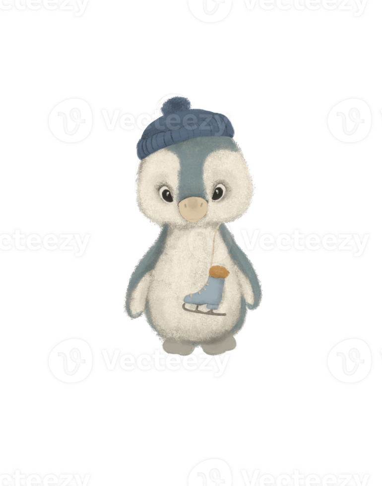 Drawing of a little cute penguin with ice skates, Christmas card png