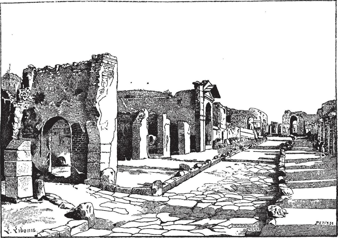 Pompei, way of the tombs, vintage engraving. vector