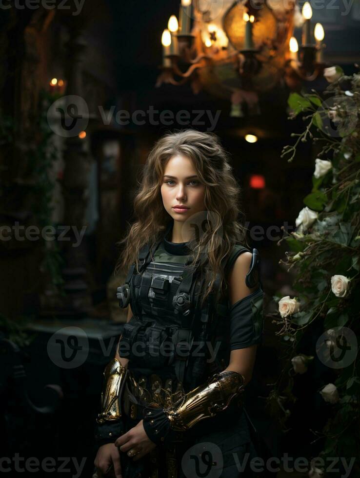 AI generated Beautiful young girl in full length military uniform with weapon in hands.Powered by Artificial Intelligence photo