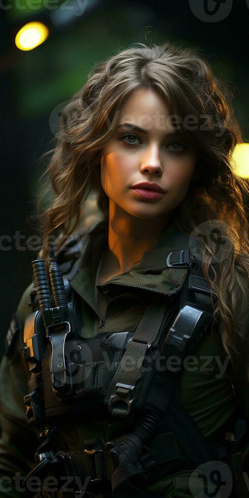AI generated Beautiful young girl in full length military uniform with weapon in hands.Powered by Artificial Intelligence photo