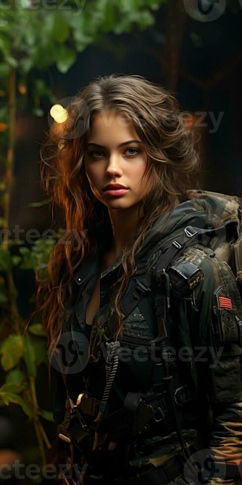 AI generated Beautiful young girl in full length military uniform with weapon in hands.Powered by Artificial Intelligence photo