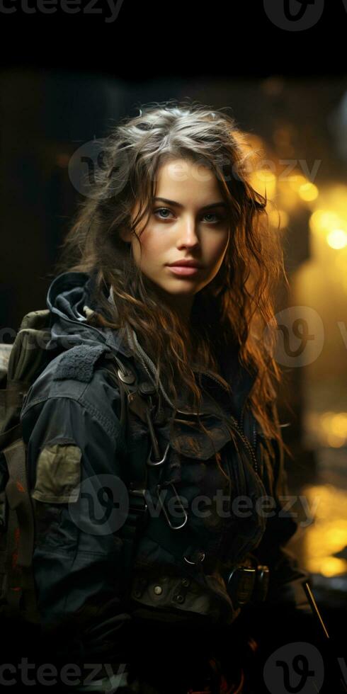 AI generated Beautiful young girl in full length military uniform with weapon in hands.Powered by Artificial Intelligence photo