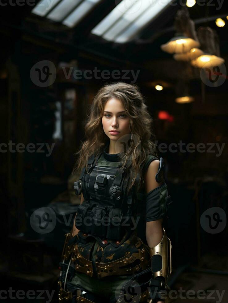 AI generated Beautiful young girl in full length military uniform with weapon in hands.Powered by Artificial Intelligence photo