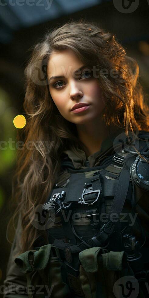 ai generado hermosa joven niña en lleno longitud militar uniforme con arma en manos.alimentadas por artificial inteligencia foto
